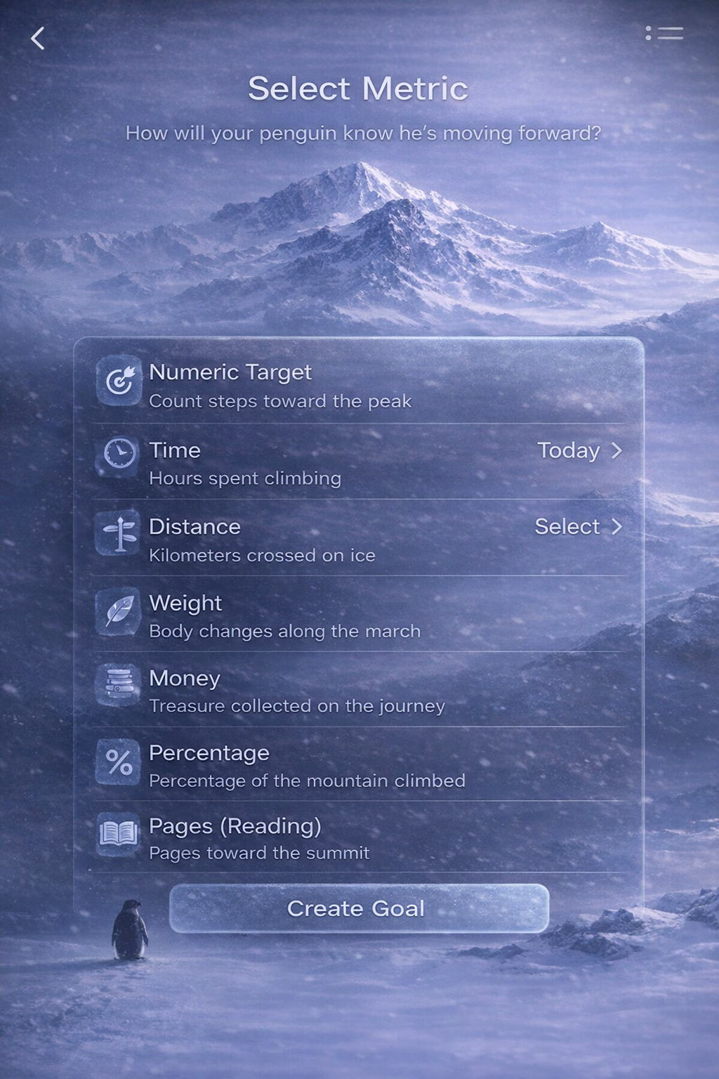Be The Penguin app goal dashboard